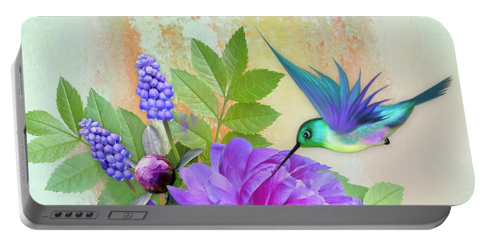 Hummingbird Portable Battery Charger featuring the digital art Hummingbird on Peony Rose by Morag Bates