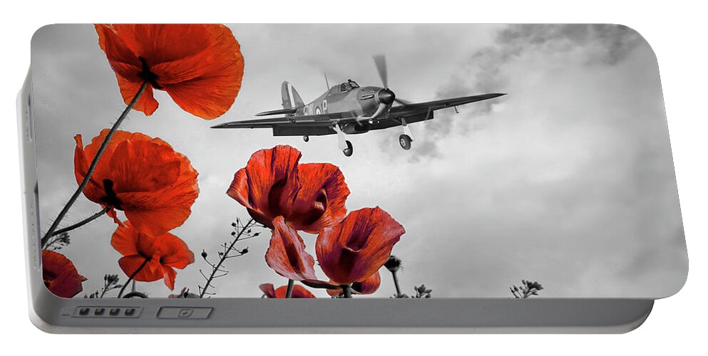 Hawker Hurricane Portable Battery Charger featuring the digital art Hurricane Poppy Fly Past Red by Airpower Art