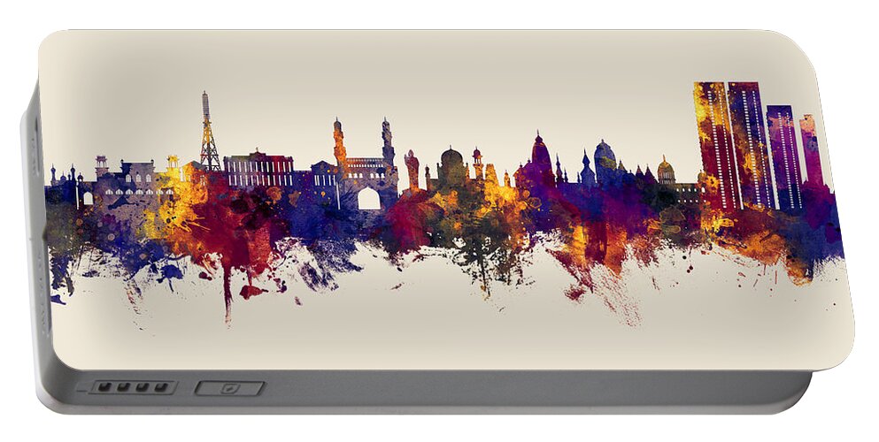 Hyderabad Portable Battery Charger featuring the digital art Hyderabad Skyline India #05 by Michael Tompsett