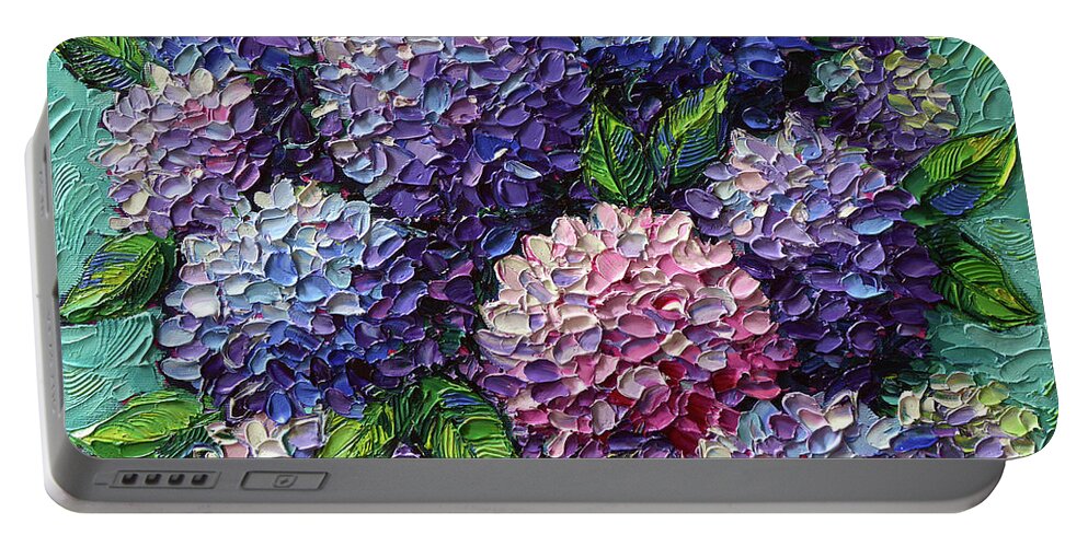 Hydrangeas Portable Battery Charger featuring the painting HYDRANGEAS FOR ELIZABETH commissioned palette knife oil painting by Mona Edulesco