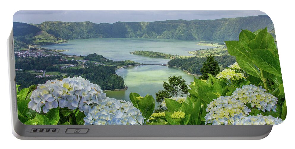 Hydrangea Portable Battery Charger featuring the photograph Hydrangeas Overlooking Sete Cidades by Denise Kopko
