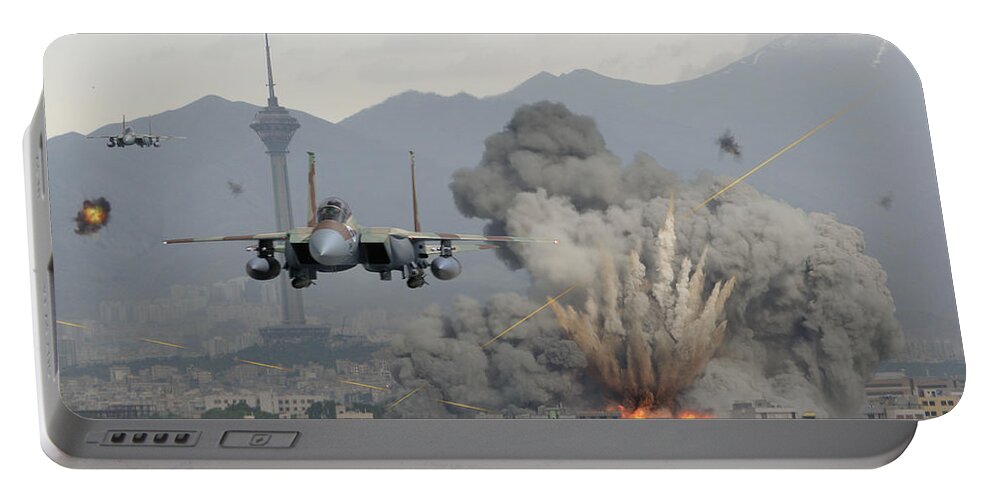 Eagle Portable Battery Charger featuring the digital art IAF F-15Is Retaliate over Tehran by Custom Aviation Art