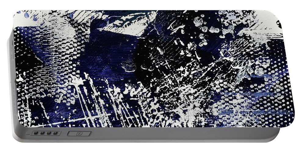 Indigo Portable Battery Charger featuring the painting ICE CRYSTALS Indigo Blue and White Abstract by Lynnie Lang