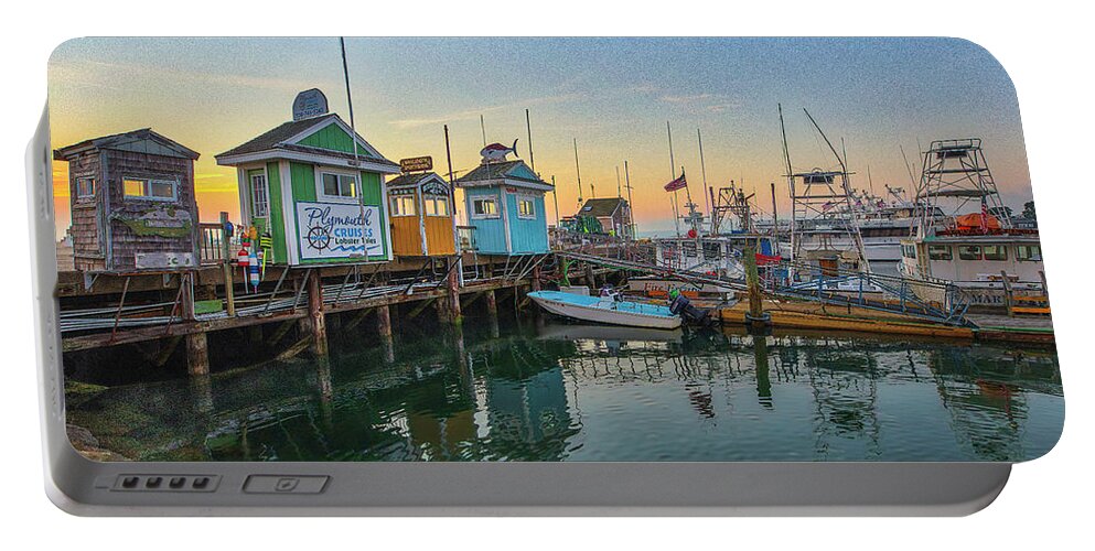 Plymouth Harbor Portable Battery Charger featuring the photograph Iconic Plymouth Harbor Whale Watching Deep Sea Fishing Harbor Cruises Tickets Booths by Juergen Roth
