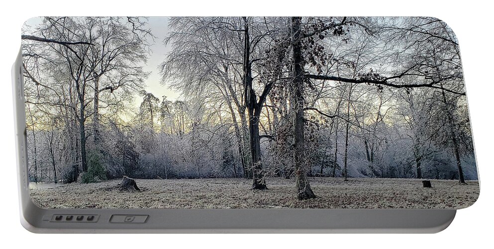 Historic Portable Battery Charger featuring the photograph Icy Morning at Silverbrook Gateway by GeeLeesa
