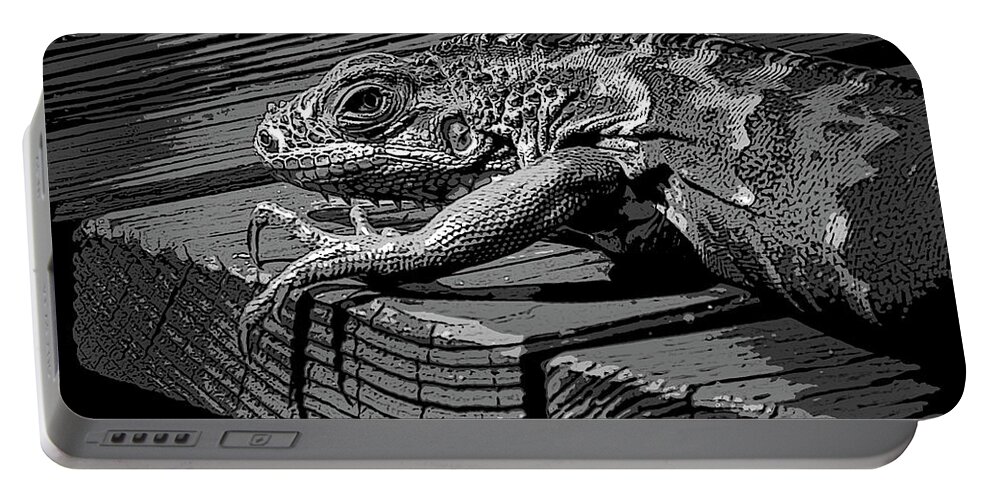 Iguana Portable Battery Charger featuring the photograph Iguana B/W by Debra Kewley