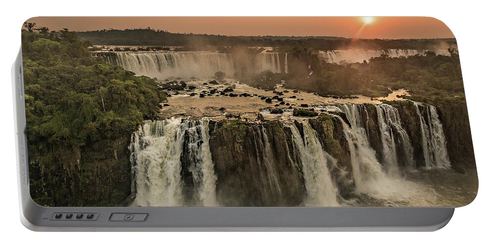 Waterfall Portable Battery Charger featuring the photograph Iguazu Sunset by Linda Villers