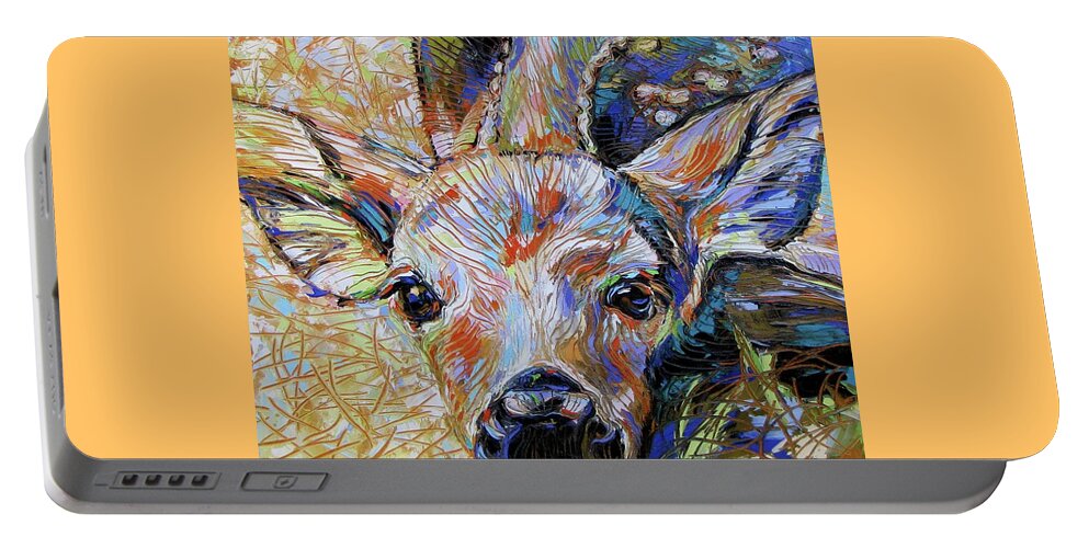 Fawn Portable Battery Charger featuring the painting I'm Here Momma by Kathleen Steventon