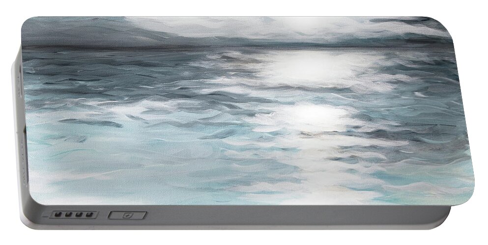 Impressionist Impressionistic Ocean Sunrise Soft Teal Indigo Blue White Reflection Portable Battery Charger featuring the painting Impression by Pamela Schwartz