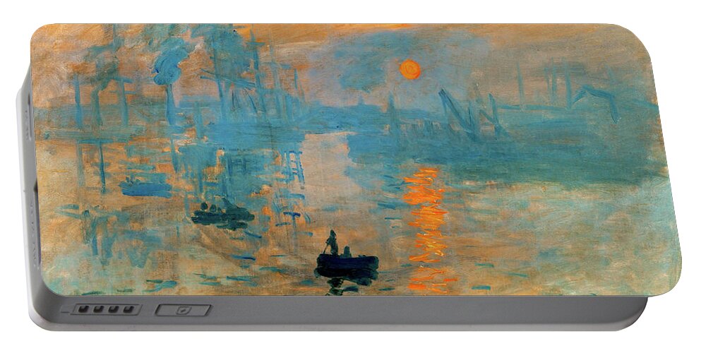 Claude Monet Portable Battery Charger featuring the digital art Impression, Sunrise - Impression, soleil levant - blue and orange digital recreation by Nicko Prints