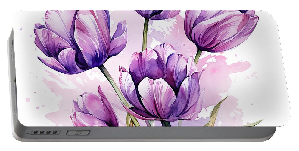 Purple Tulip Portable Battery Charger featuring the painting Impressionist Purple Flowers by Lourry Legarde