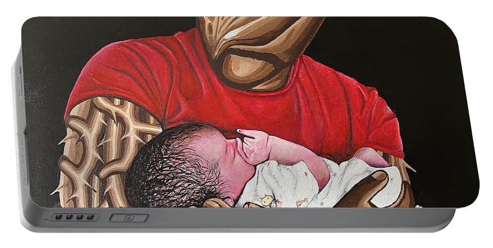 Baby Portable Battery Charger featuring the painting In My Father's Arms by O Yemi Tubi