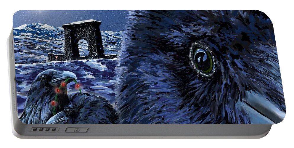 Raven Christmas Cards Portable Battery Charger featuring the digital art In the Eye of the Raven, For the Benefit and Enjoyment of the People by Les Herman