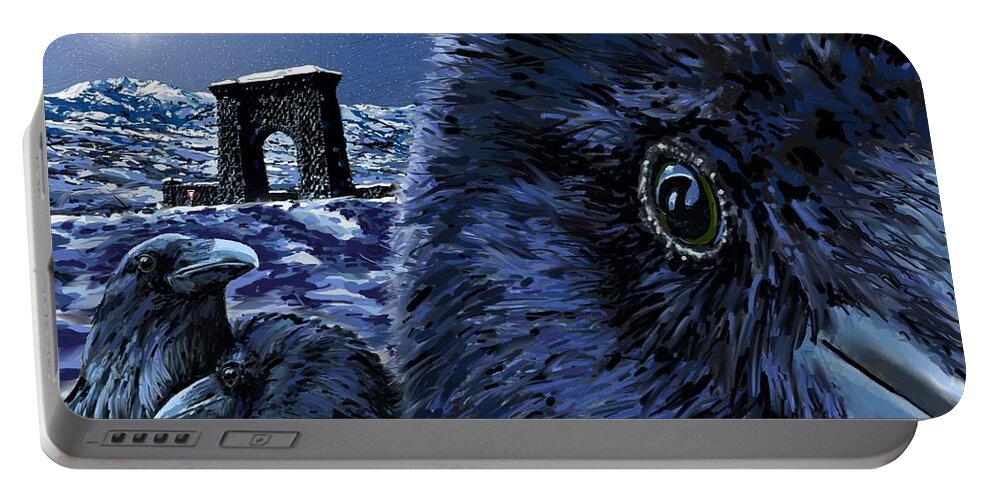 Raven Portable Battery Charger featuring the digital art In the Eye of the Raven by Les Herman