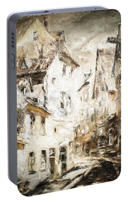 Artwork Portable Battery Charger featuring the mixed media In the narrow streets of Riga I am waiting for you again by Aleksandrs Drozdovs