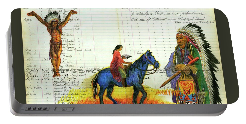 Plains Indian Art Portable Battery Charger featuring the drawing Indian Baptism by Robert Running Fisher Upham