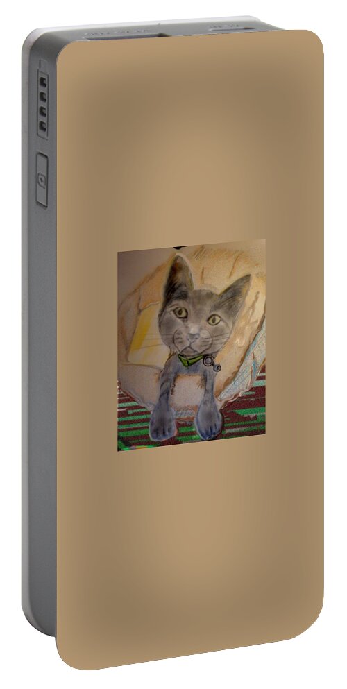 Pencil Sketch Portable Battery Charger featuring the mixed media Inquisitive Mr. Q. by Pamela Calhoun