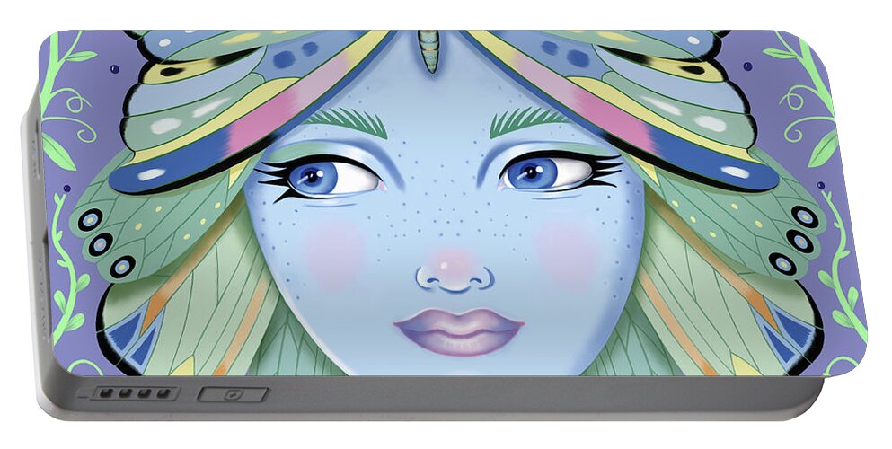 Fantasy Portable Battery Charger featuring the digital art Insect Girl, Winga - Sq.Purple by Valerie White
