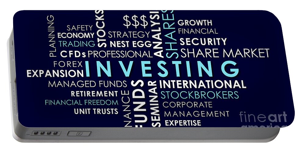 Investing Portable Battery Charger featuring the photograph Investing and share market related words animated text word cloud. by Milleflore Images