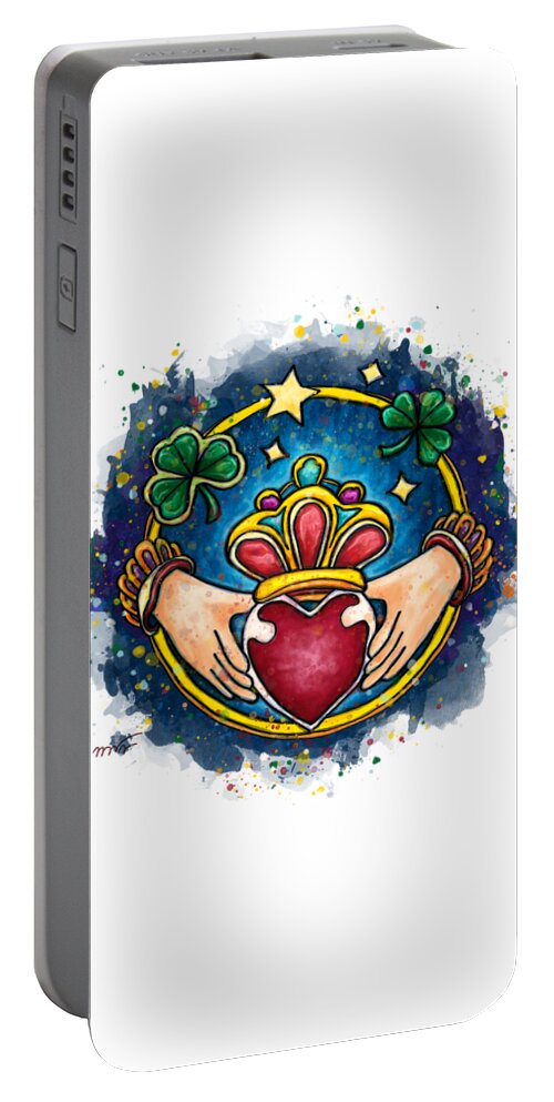 Claddagh Portable Battery Charger featuring the painting Ireland engagement ring, Claddagh by Nadia CHEVREL
