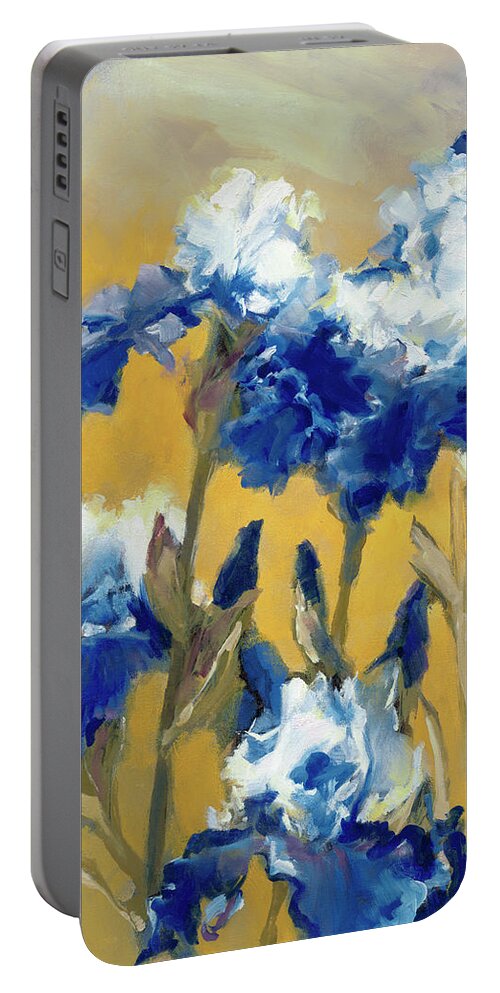 Blue Irises Portable Battery Charger featuring the painting Iris 1 by Roxanne Dyer