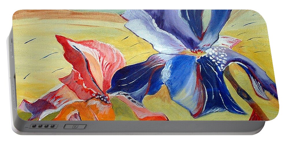 Iris Portable Battery Charger featuring the painting Irises in the wind by Genevieve Holland