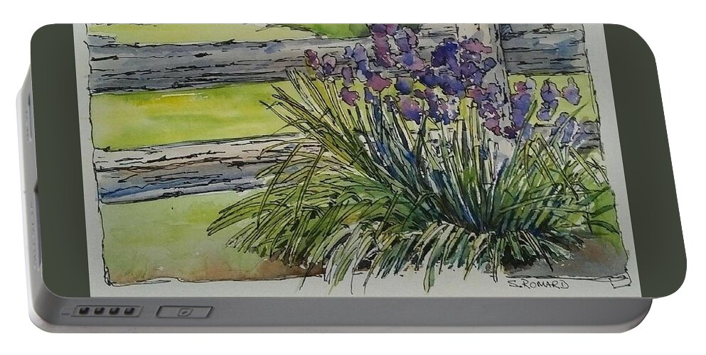 Rustic Garden Portable Battery Charger featuring the painting Irises by Sheila Romard