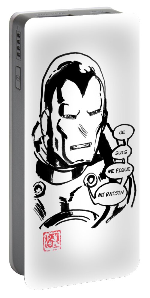 Ironman Portable Battery Charger featuring the drawing Ironman Je Suis Mi Figue Mi Raison by Pechane Sumie