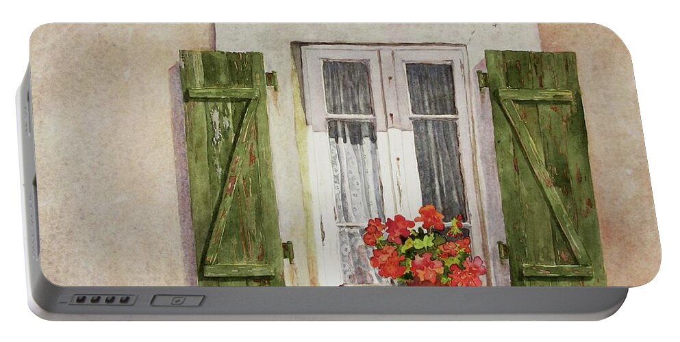 Watercolor Portable Battery Charger featuring the painting Irvillac Window by Mary Ellen Mueller Legault