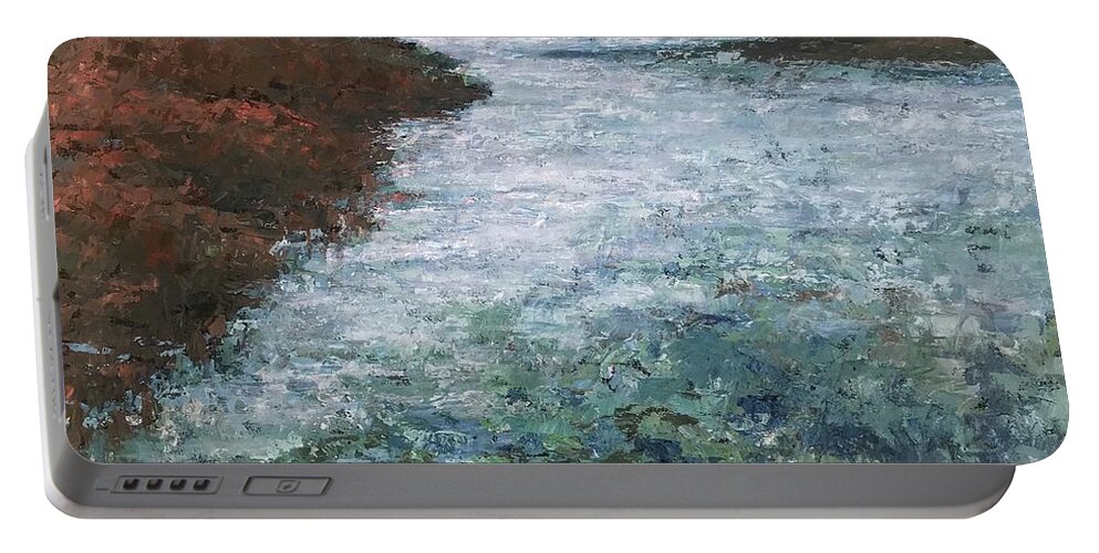 Lake Portable Battery Charger featuring the painting Island Lake Conservation by Milly Tseng