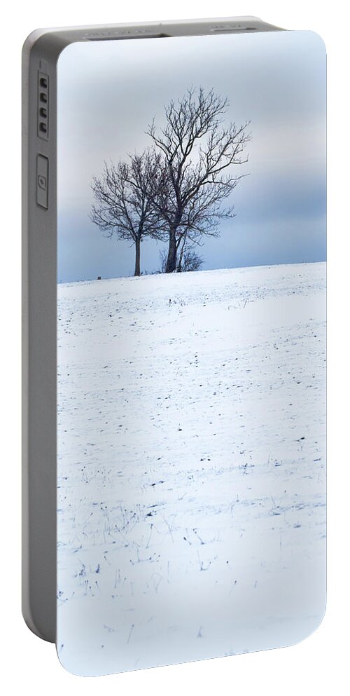 Auvergne Portable Battery Charger featuring the photograph Two isolated trees on the crest of a snow-capped volcano by Jean-Luc Farges