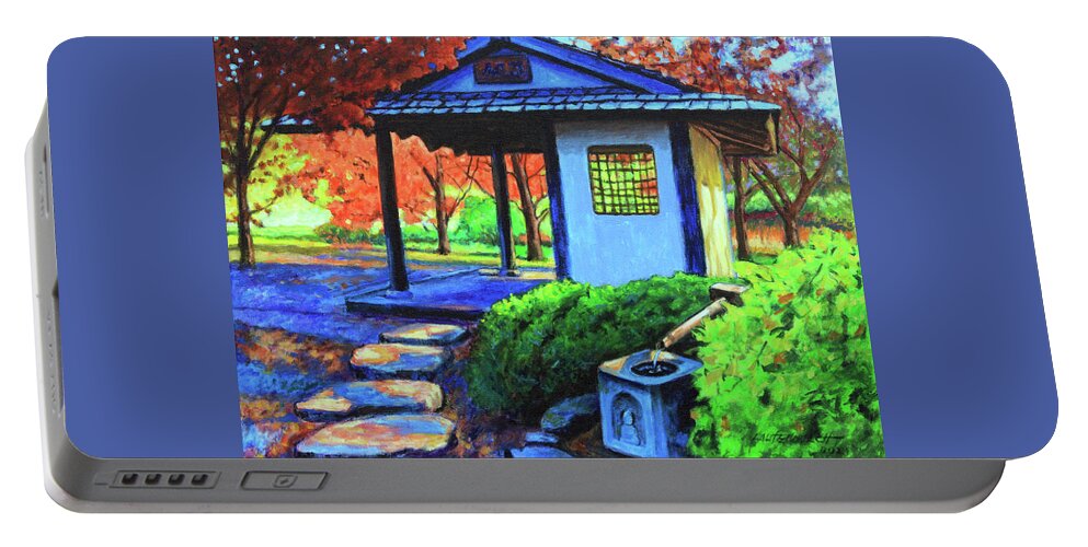 Gazebo Portable Battery Charger featuring the painting Japanes Garden Pavilion by John Lautermilch