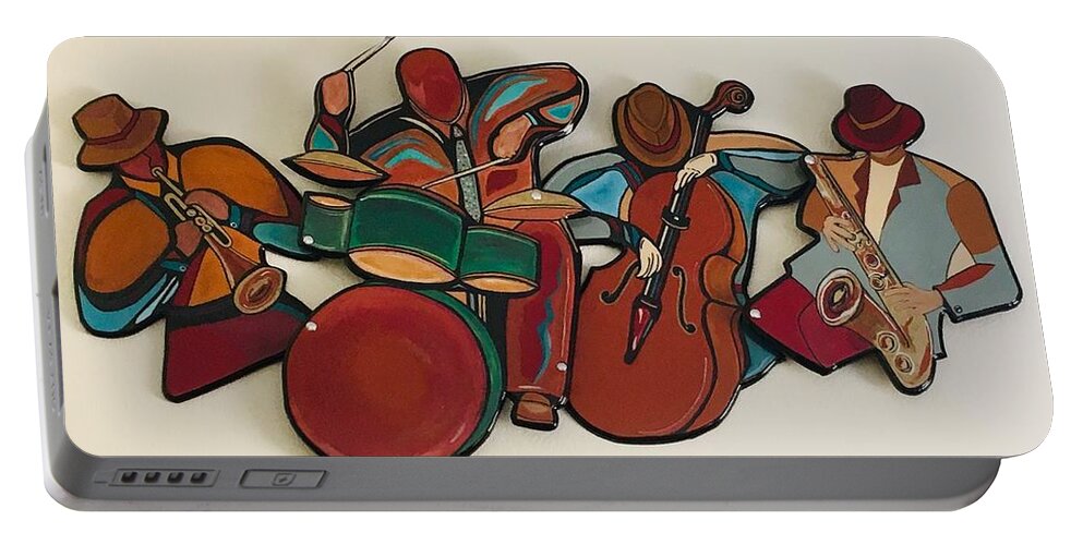 Music Portable Battery Charger featuring the mixed media Jazz Ensemble IV custom by Bill Manson