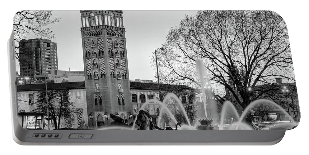 America Portable Battery Charger featuring the photograph J.C. Nichols Memorial Fountain in the Plaza - Kansas City BW Square Format by Gregory Ballos