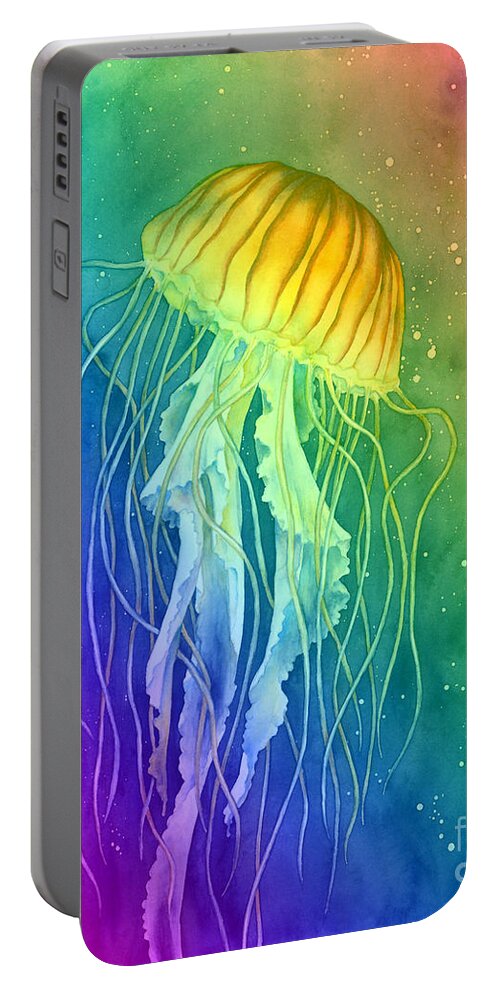 Jellyfish Portable Battery Charger featuring the painting Jellyfish on Rainbow by Hailey E Herrera