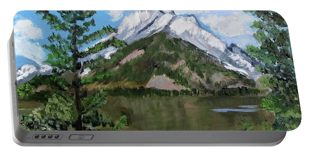 Tetons Portable Battery Charger featuring the painting Jenny Lake in the Tetons by Linda Feinberg