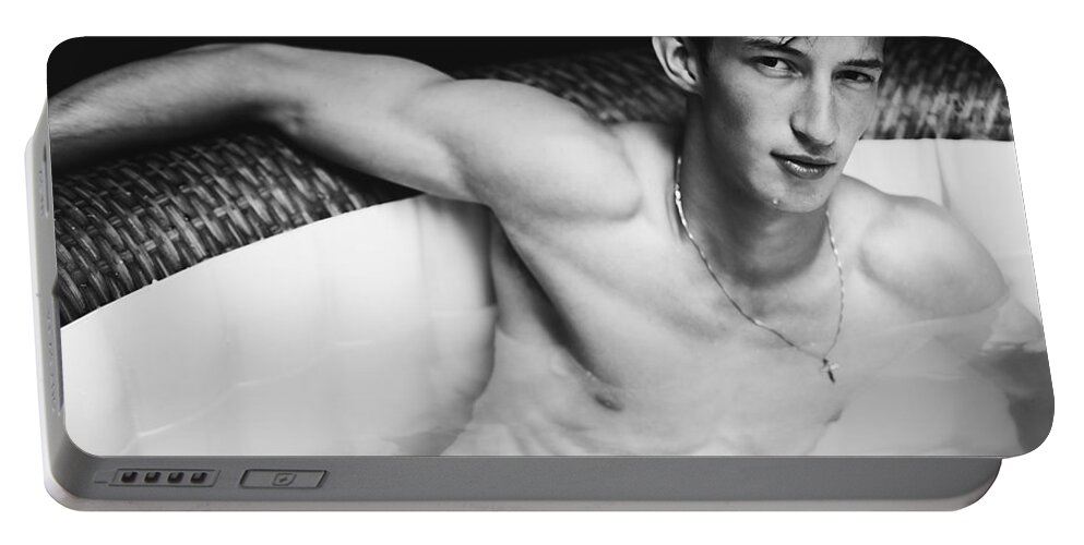 Jesse Portable Battery Charger featuring the photograph Jesse all wet in Black and White by Jim Whitley