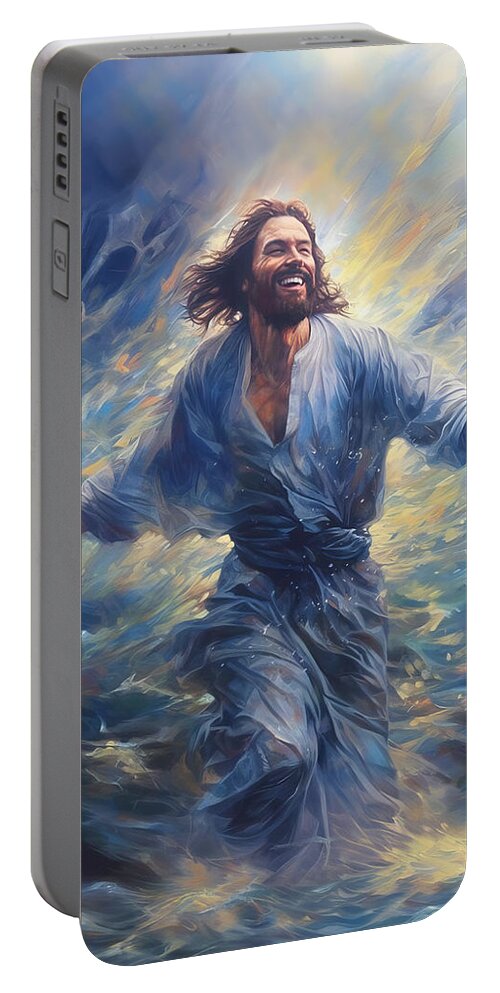 Spiritual Art Portable Battery Charger featuring the mixed media Jesus - Calmly Conquering the Currents by Ivan Guaderrama