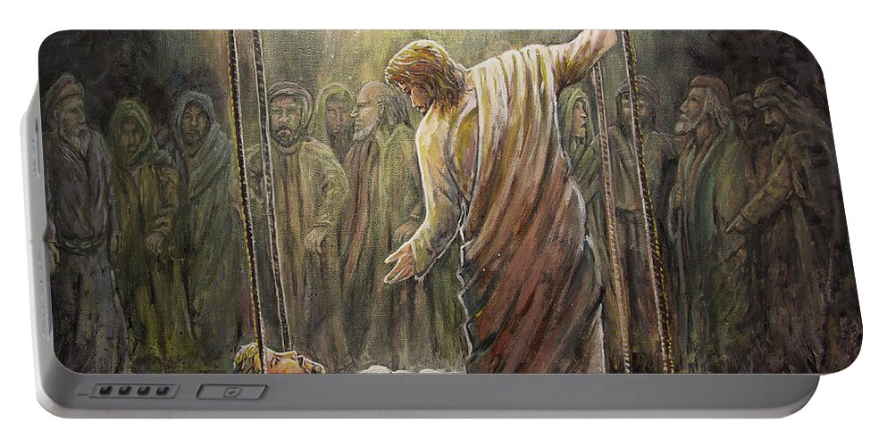 Jesus Portable Battery Charger featuring the painting Jesus Heals a Paralyzed Man by Aaron Spong
