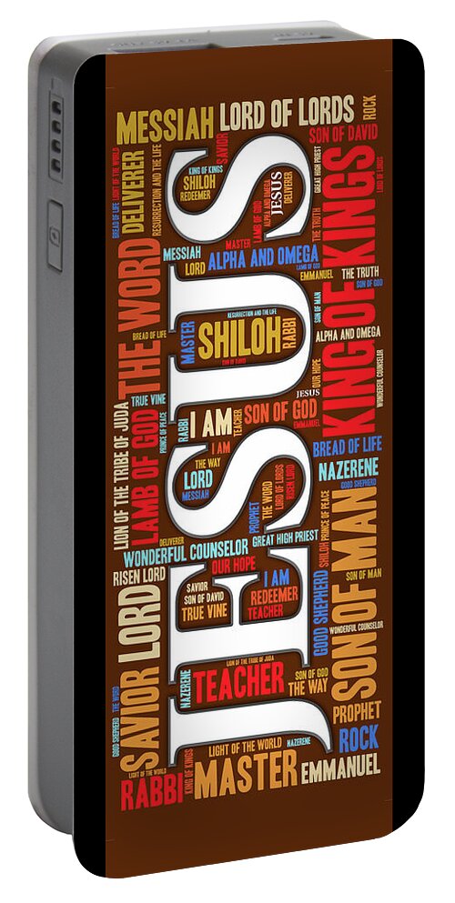 Jesus Portable Battery Charger featuring the digital art Jesus Word Cloud Vertical by William Ladson