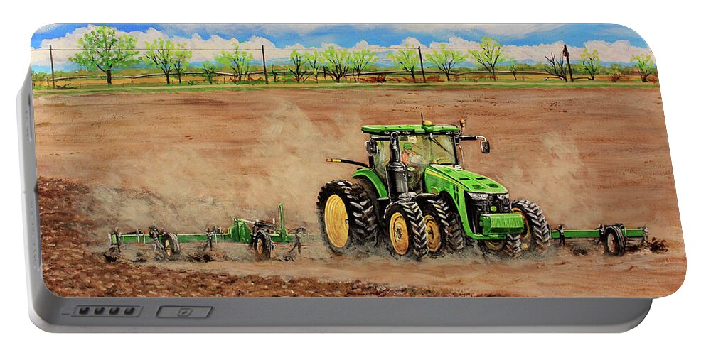 Farming Portable Battery Charger featuring the painting John Deere 8345R Tractor Pulling a Cultivator by Karl Wagner