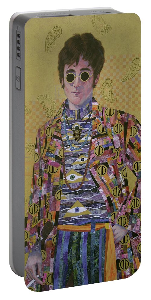 John Lennon Portable Battery Charger featuring the painting John Lennon and the Amazing Psychedelic Klimt Coat by Marguerite Chadwick-Juner