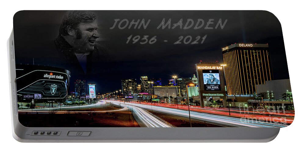 John Madden Portable Battery Charger featuring the photograph John Madden Tribute Allegiant Stadium Las Vegas Raiders by Aloha Art