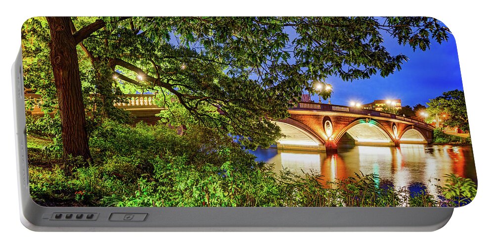 Weeks Footbridge Portable Battery Charger featuring the photograph John Weeks Footbridge and Charles River at Dusk by Gregory Ballos