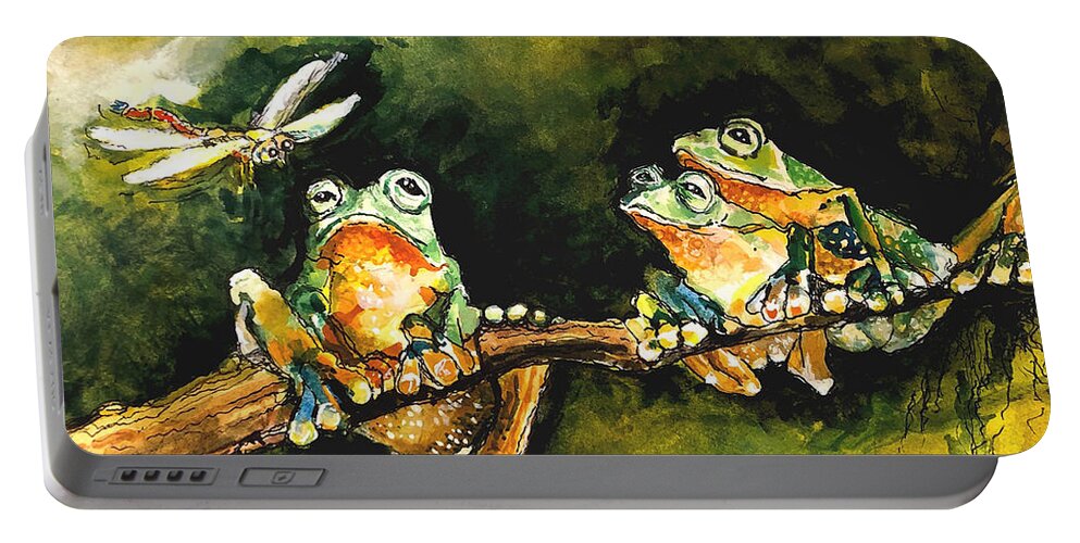 Funny Frogs Dragonfly Portable Battery Charger featuring the painting Join Us by Marnie Clark