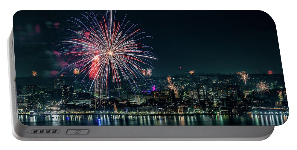  Portable Battery Charger featuring the photograph July 4th fireworks along the Yonkers waterfront - 3 by Kevin Suttlehan