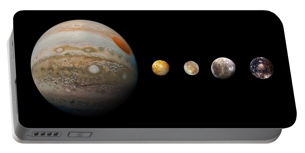 Jupiter And Galilean Moons Portable Battery Charger featuring the photograph Jupiter and Galilean Moons by Weston Westmoreland