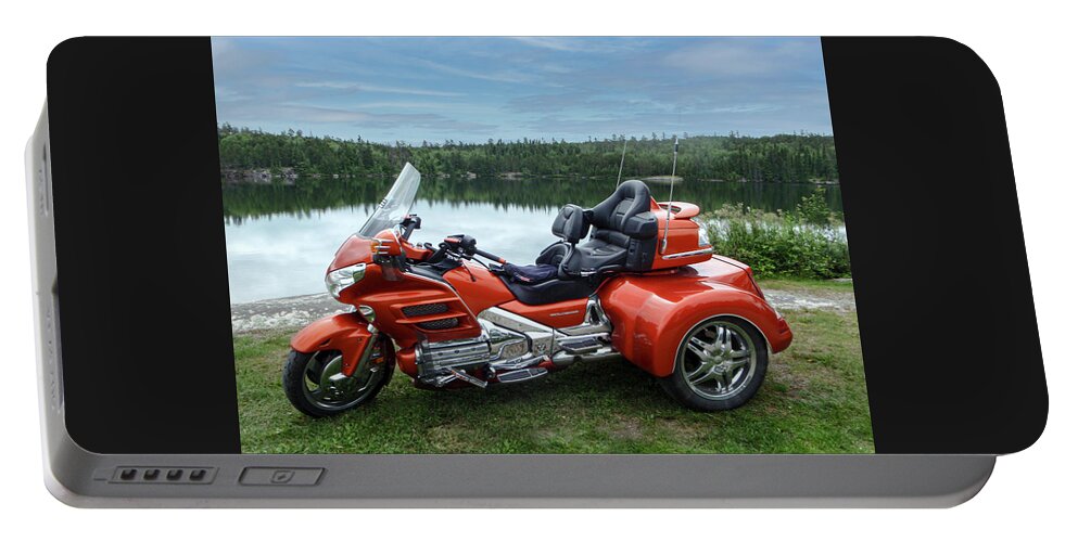 Motorcycle Portable Battery Charger featuring the photograph Jupiter Orange Goldwing Trike by Patti Deters