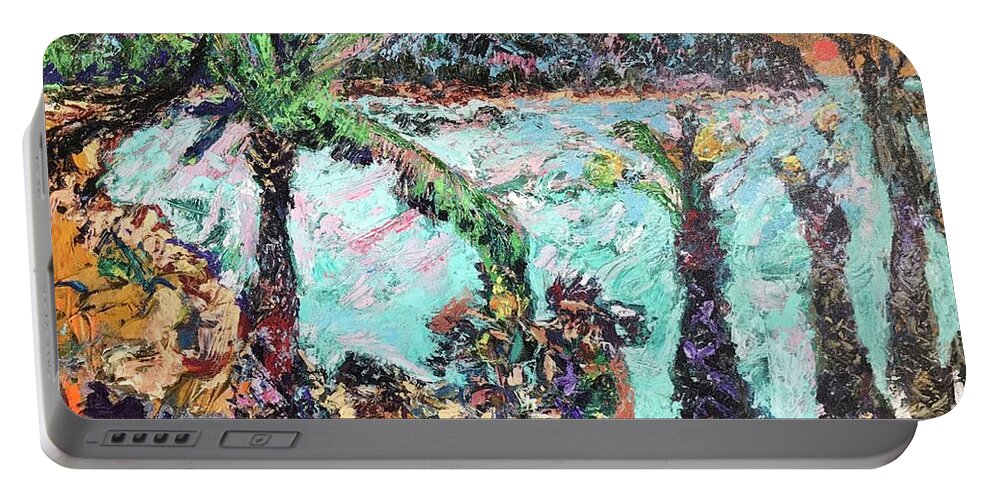 Mana Of Primitive Kahuna In The Surf And Surrounding Landscape Of Waialua Bay. Showing Ka’ena Point On North Shore Of Portable Battery Charger featuring the painting Kahuna Surf by Jeffrey Scrivo