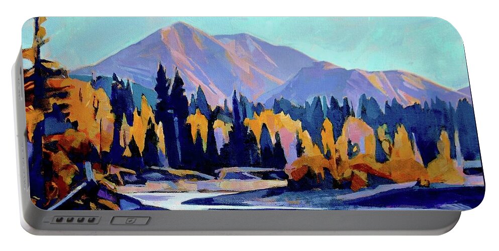 Kakwa Falls Portable Battery Charger featuring the painting Kakwa Mountain with Autumn Evening Sunlight by Tim Heimdal